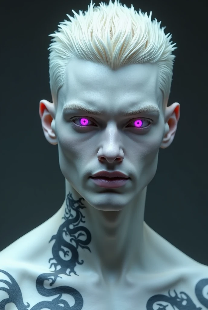 a boy with a tall and moderately muscular complexion, his torso consists of an inverted triangle shape, having wider shoulders and a smaller waist, his skin is almost completely pale in color, due to his modifications his eyes are completely purple in color. , his hair is combed with a midline similar to an open book, his smile is completely white and linear without imperfections as well as showing small fangs, his jaw is also marked, he has a dragon tattoo on his neck on the left side.