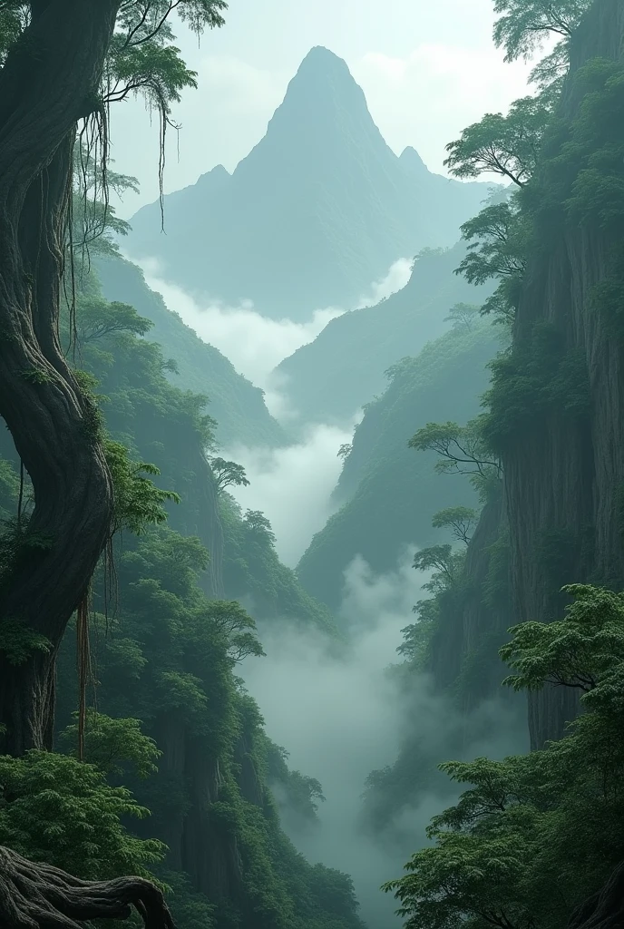 Explore the breathtaking landscapes of misty mountain jungles., Lush vegetation and misty vines rendered in stunning UHD quality.