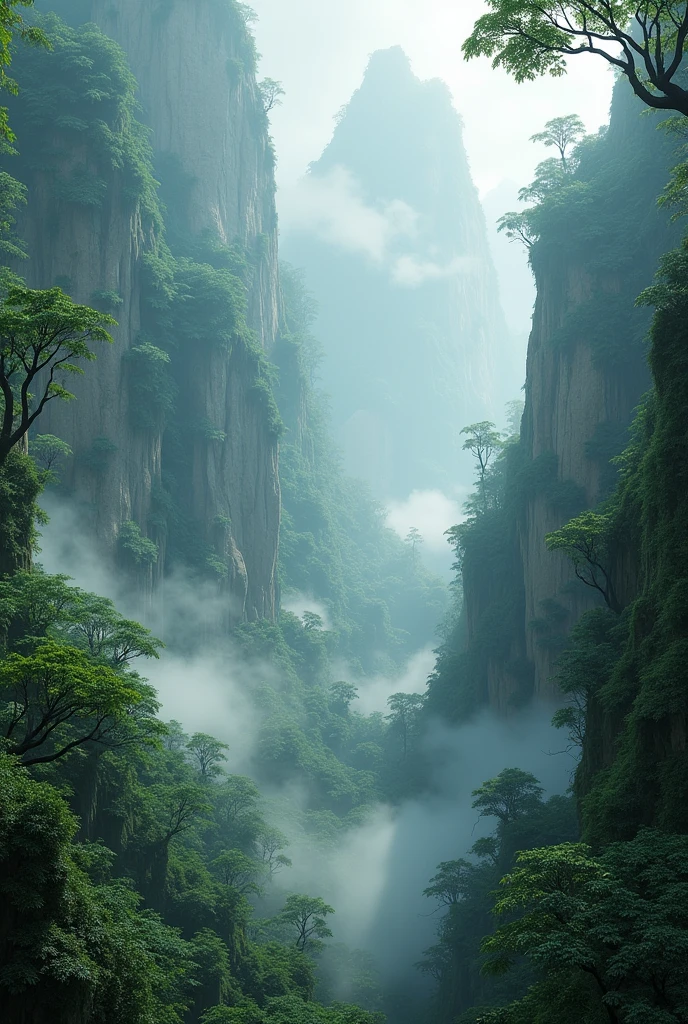 Explore the breathtaking landscapes of misty mountain jungles., Lush vegetation and misty vines rendered in stunning UHD quality.