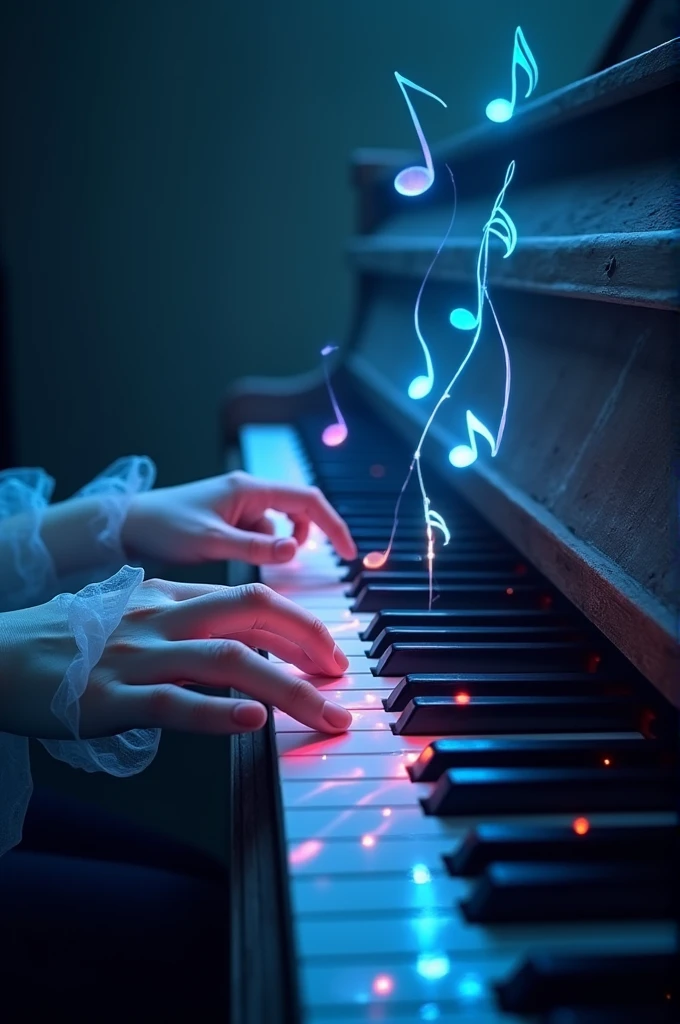 Make some hands playing the piano in a dark room lit by phosphorescent multicoloured notes that illuminate the place