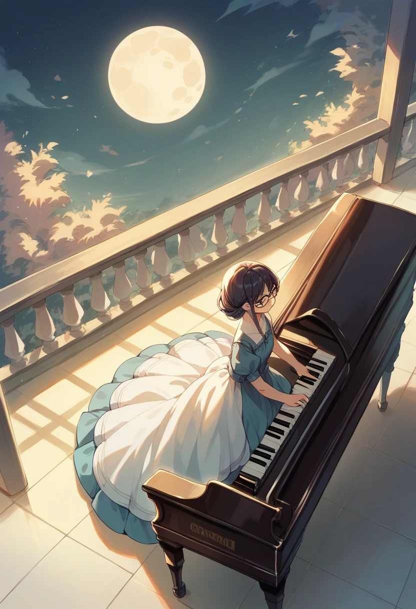 play piano、Full moon background,1 anime girl with glasses, dress、High resolution, Overlooking, 