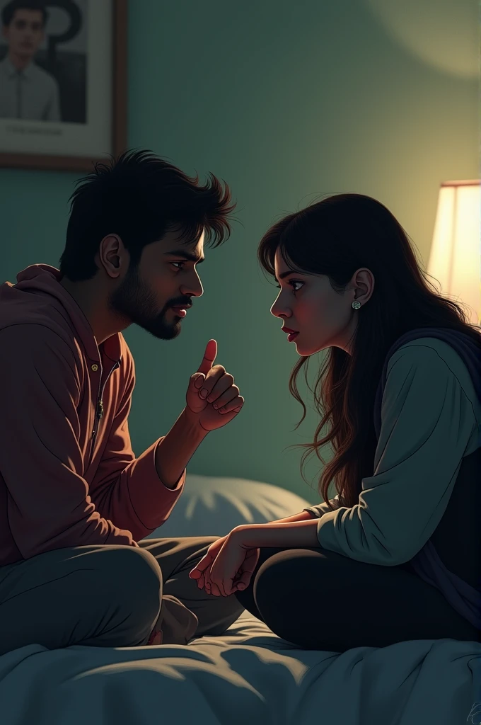 Small Arguments:
"A scene in Aniket's room, where he and Priya are sitting on the bed, facing each other. Aniket has a frustrated expression, his hands raised slightly as he tries to explain something. Priya looks away, visibly upset, with her arms crossed. The room feels tense and uncomfortable."