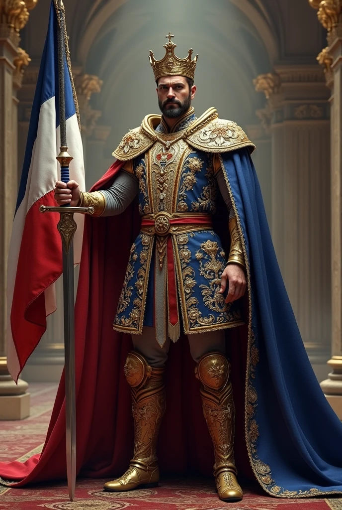 King holding a sword and a french flag