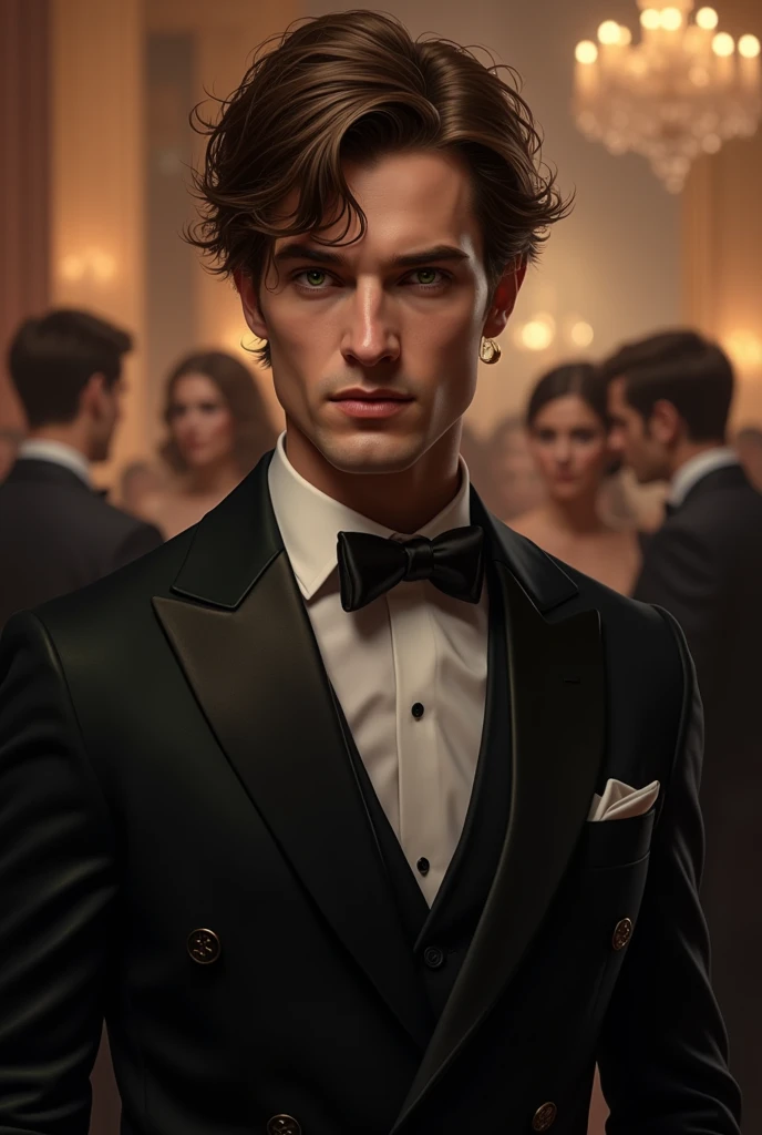 realist,1, Male gender, brown hair, green eyes,messy hair, with black suit, in the background a formal party