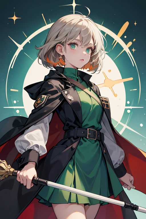 she generally wears dark green and orange in all of her appearances. Her hair is semi-short and a warm gray, with her hair obscuring his right eye. Her eye color is unknown, as she keeps her eyes shut at all times. her cape is now a long, hooded coat with pockets and now carries what appears to be a magic wand rather than a broom, with a Konpeitou-shaped tip. The emblem serves as her coat's clasp. In Puyo Puyo Tetris, the wand's tip changes into a sharp point, and her shirt line is raised to show her belt.  SPARKLE; GLITTER