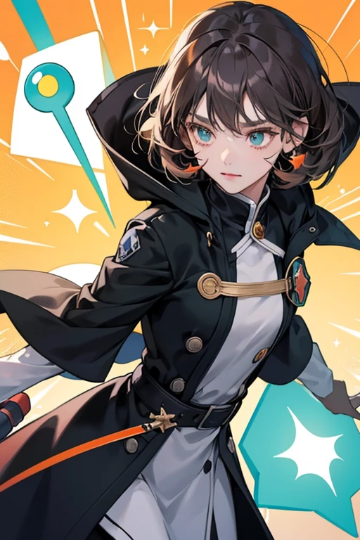she generally wears dark green and orange in all of her appearances. Her hair is semi-short and a warm gray, with her hair obscuring his right eye. Her eye color is unknown, as she keeps her eyes shut at all times. her cape is now a long, hooded coat with pockets and now carries what appears to be a magic wand rather than a broom, with a Konpeitou-shaped tip. The emblem serves as her coat's clasp. In Puyo Puyo Tetris, the wand's tip changes into a sharp point, and her shirt line is raised to show her belt.  SPARKLE; GLITTER