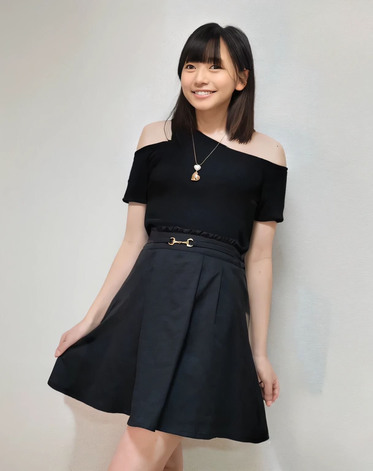 Super detailed,Highest quality,1 female,Standing in a room with white walls,Looking at this,Short-sleeved tops,Posing for a photo,The background is blurred