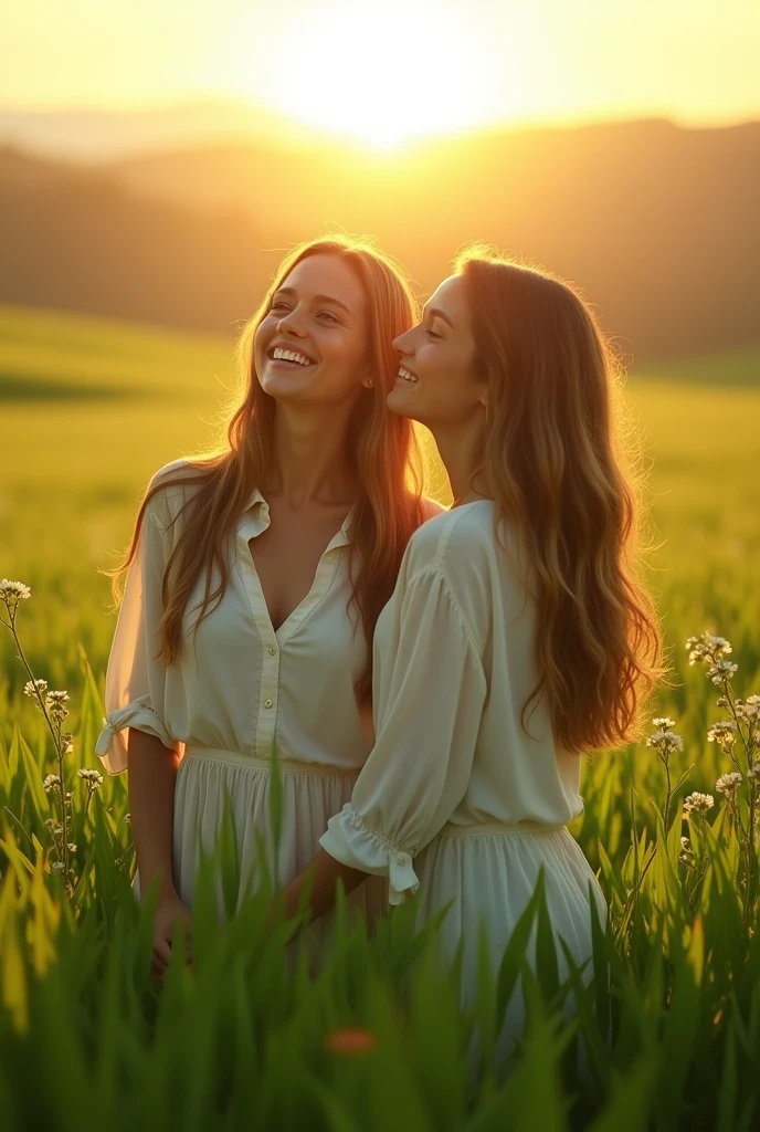 The joy of God&#39;s love in beautiful young women in a lush green field at dawn 
