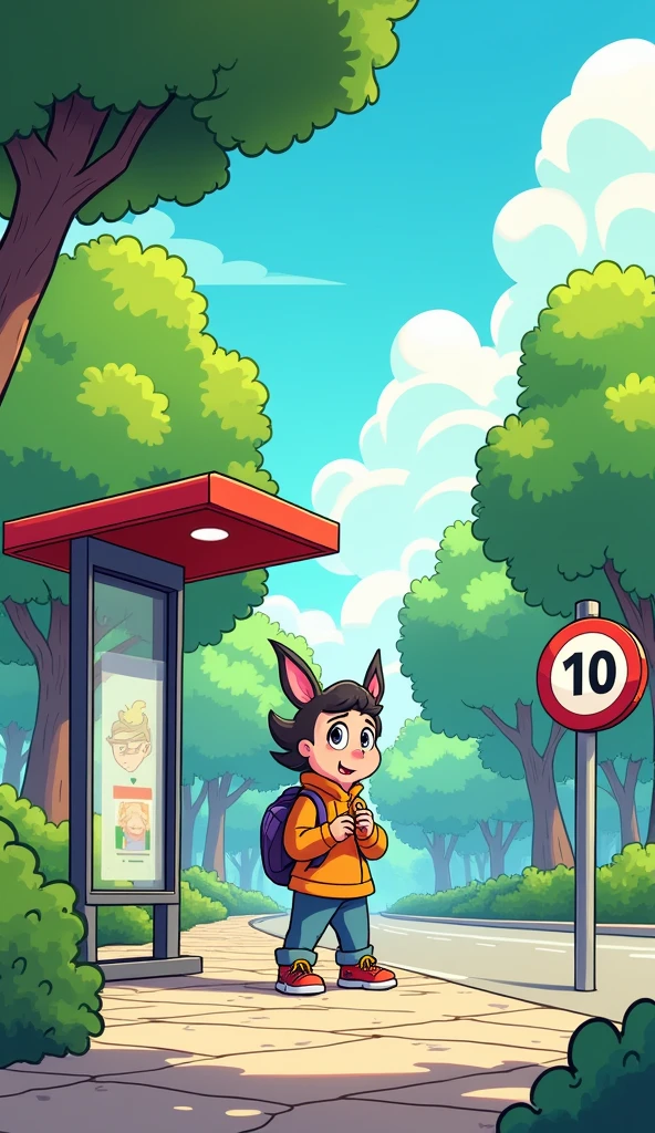 colorful comic sytle. "Draw a comic-style character standing at a bus stop, checking their watch with a curious expression. Around them, there should be trees, a bus stop sign, and a clear sky. The colors should be bright and cheerful." --ar 3:2 --v 5.2