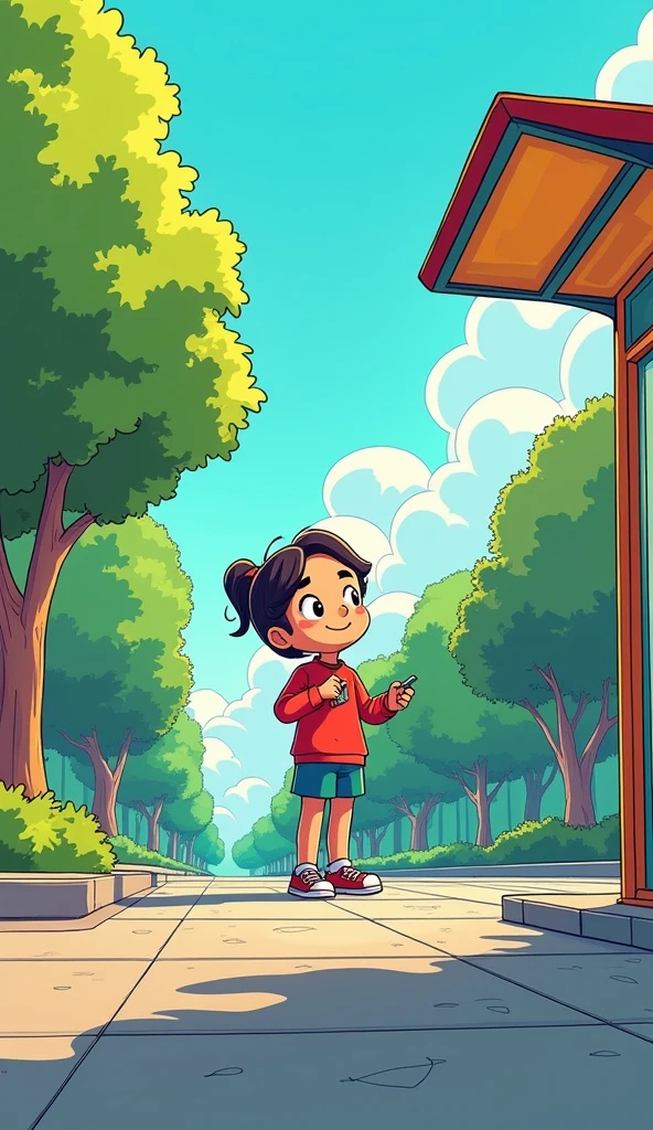 colorful comic sytle. "Draw a comic-style character standing at a bus stop, checking their watch with a curious expression. Around them, there should be trees, a bus stop sign, and a clear sky. The colors should be bright and cheerful." --ar 3:2 --v 5.2