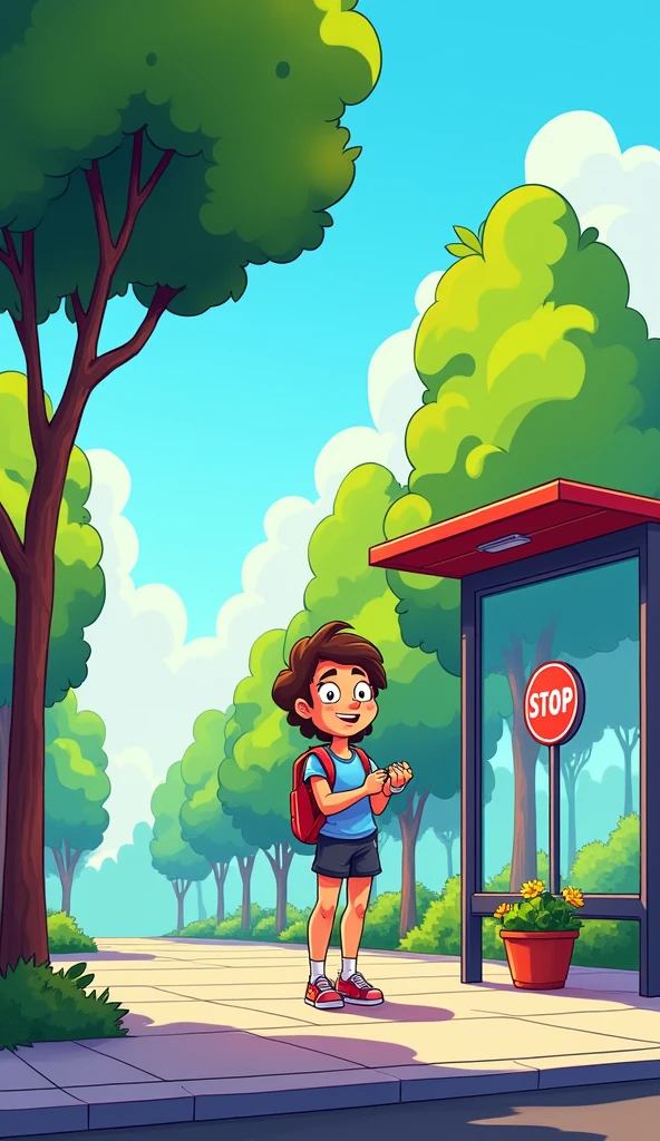 colorful comic sytle. "Draw a comic-style character standing at a bus stop, checking their watch with a curious expression. Around them, there should be trees, a bus stop sign, and a clear sky. The colors should be bright and cheerful." --ar 3:2 --v 5.2