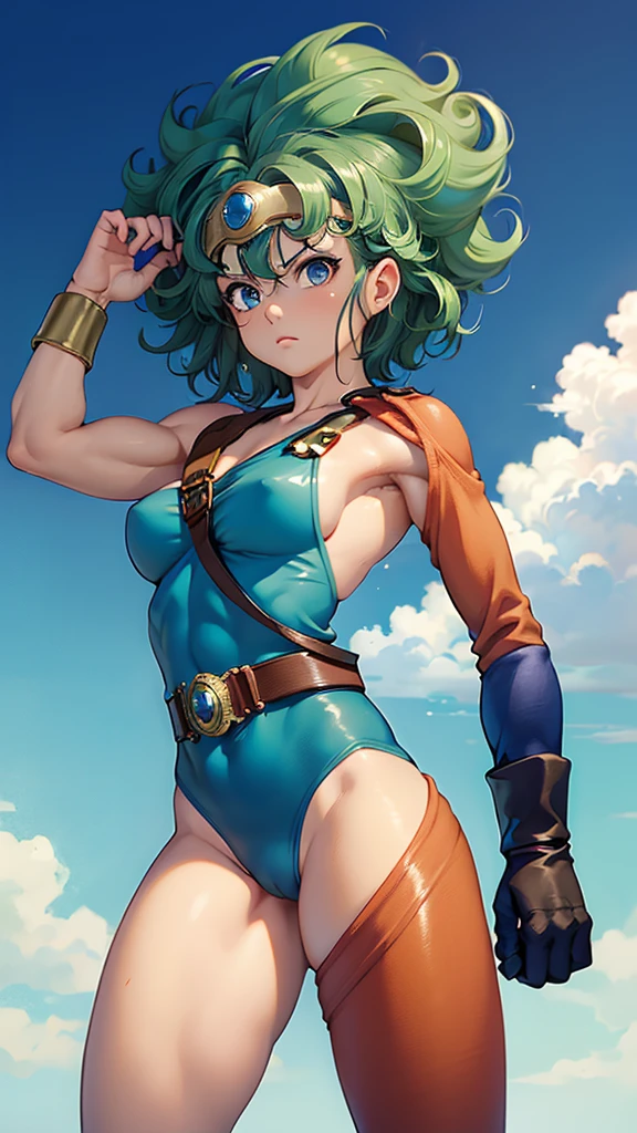 (((SFW、sound、Highest quality、Top notch work、Normal body、8k、Detailed face、Ultra-precision、normal hand、Refer、5refer、Highest)))、beautiful girl、Green Hair、yamato nadeshiko、((Small breasts、Shortcuts、Blue leotard、muscular、Red Cape、Circlet))、(((Sexy pose)))、Female Heroes、 Fight、Fight is ready、((Perfectly executed:Description of the whole body,Standing posture,Draw the details well、There is no anatomical problem))、grassland、Depicted from the buttocks and back