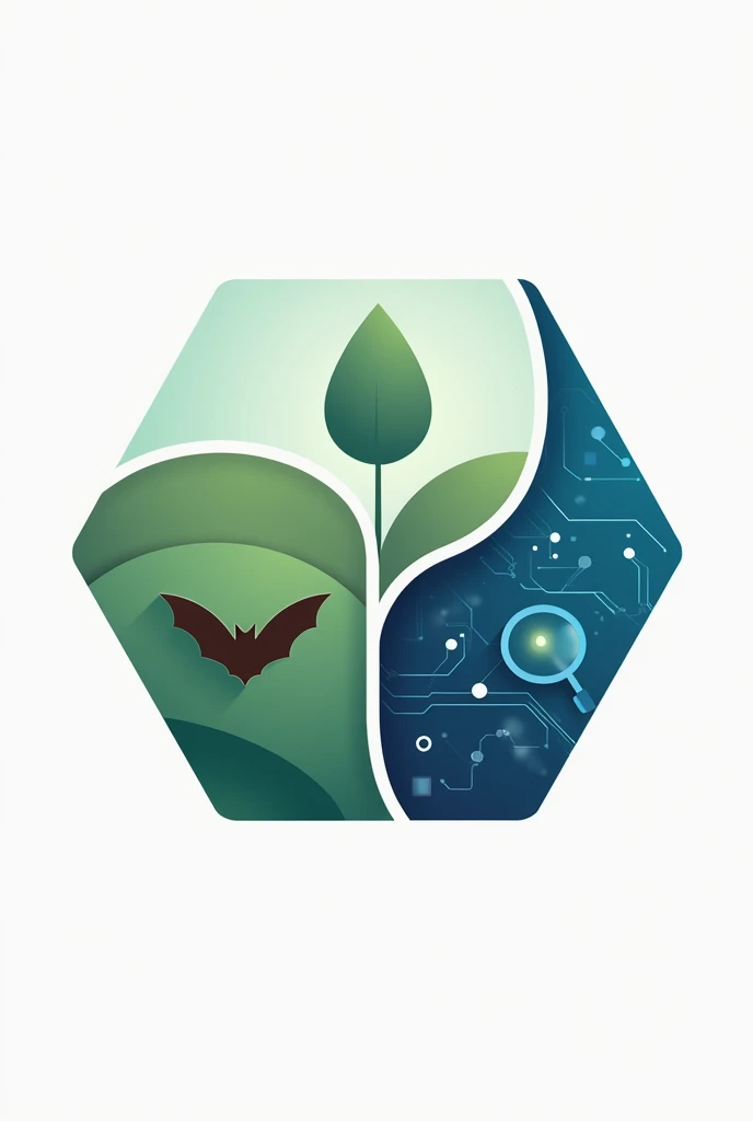 Create a Simple Hexagon Logo Divided into 3 Sections, first green section with one leaf, second section brown with bat and third section blue with technology lines and neural networks with magnifying glass