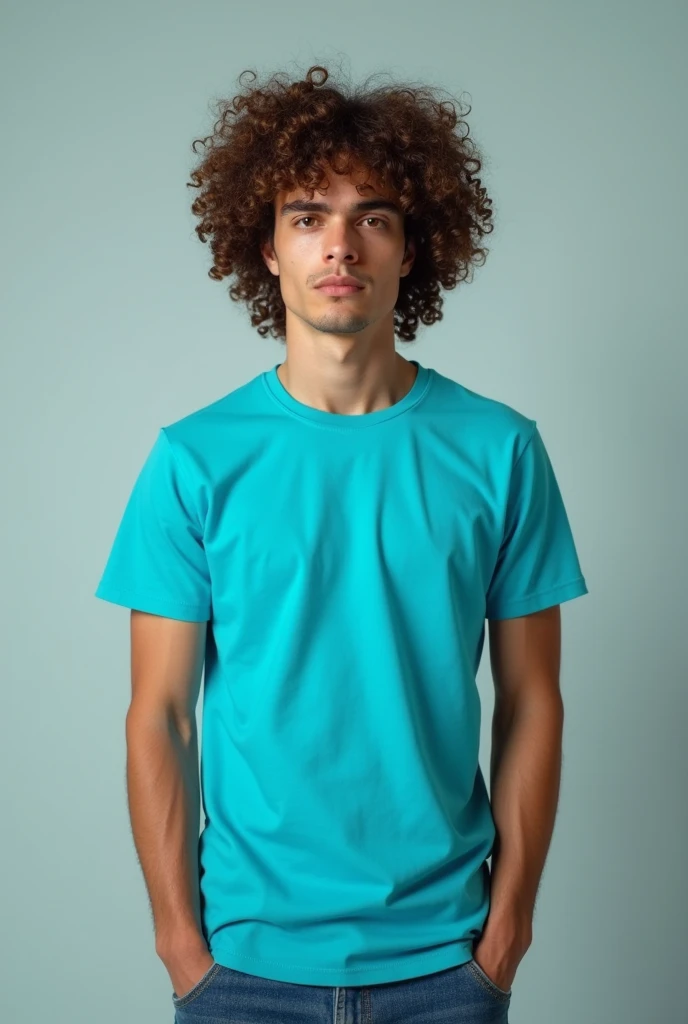 a real curly haired man standing with a turquoise blue t-shirt mockup