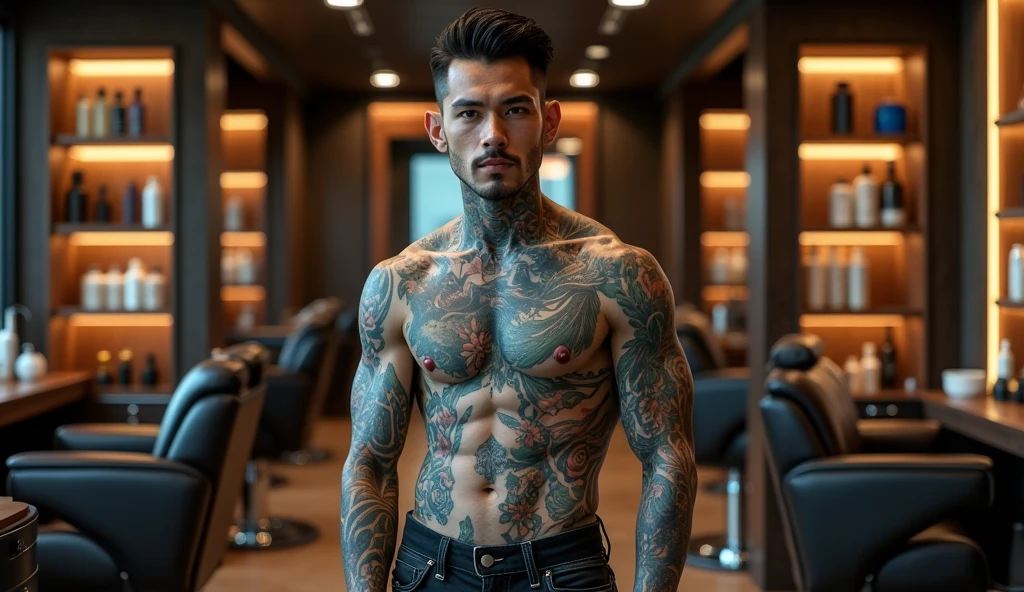 Here is the most detailed description of the image:
---
**Prompt for Luma AI:**
"Create an ultra-realistic image of a charismatic barber with a thick layer of tattoos and piercings., in a luxurious barbershop. The barber is of Asian descent, with smooth skin, with pumped muscles and a height of about 190 cm. He stands in front of a mirror in the center of the frame, leaning forward, to show off his tattoos and piercings. His face shows several piercings: On the lip, nose and ears. In his left hand is a barber's tool, that emphasizes his profession.
Tattoos cover most of his body - arms, chest and neck. They are bright and detailed, with different shades of blue and green, that creates a contrast with his natural skin. Piercings add uniqueness to him and emphasize his rebellious style.
The interior of the barbershop is decorated in a style of luxury and modernity. On both sides of the barber are mirrors with backlighting, that reflect the details of the room. On the shelves, located along the walls, carefully displayed bottles with professional hair and beard care products. The walls are finished with dark wooden panels, creating a sense of wealth and sophistication.
Natural wood floors emphasize the comfort and style of the interior, and the lighting creates a soft and pleasant atmosphere. In the depths of the room you can see leather chairs with deep seats and high quality finishes, spaced along the walls, creating a sense of spaciousness and order. Stylish lights run across the ceiling, creating a soft, but accented lighting, highlighting the details of the interior and the figure of the barber.
The overall mood of the image is a combination of modernism and luxury, where the main focus is on the charismatic barber and his expressive tattoos, which emphasizes his individuality and professionalism."