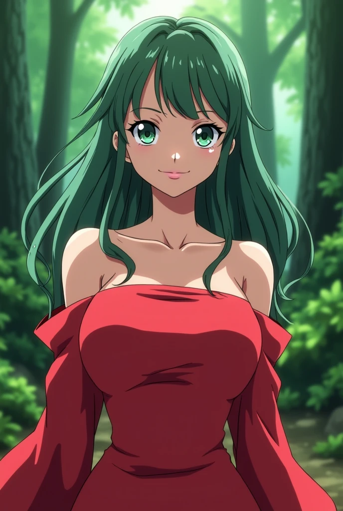 one piece screenshot, 1 woman, green and slanted eyes, with long eyelashes, thin face and white skin, pink lips, by the wide, straight red, with a good body, In the background is a forest, with a smile, One piece drawing style