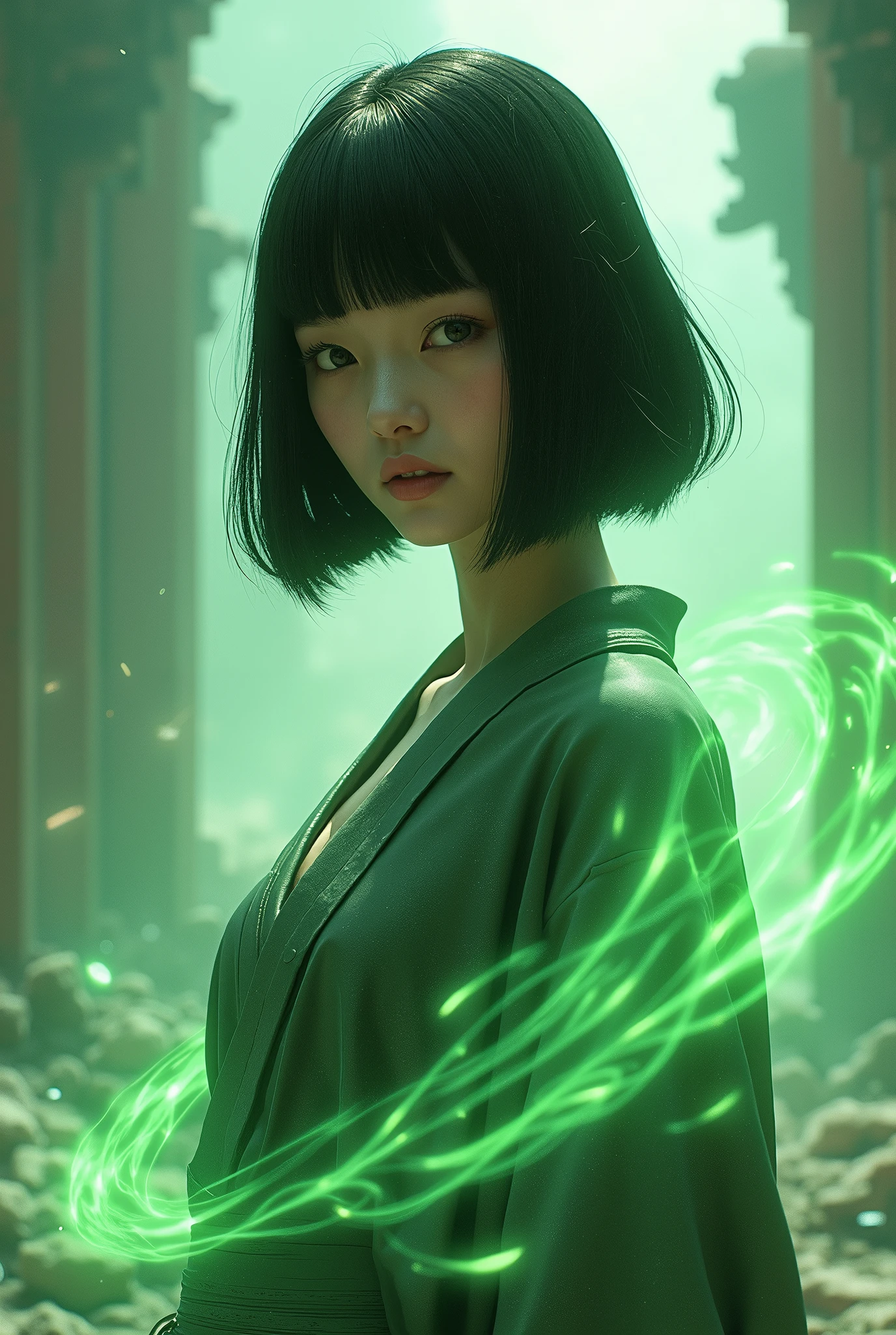 Beautiful girl、Japanese、Black Hair、Bobcut、A green aura overflows from the body.、Superpowers、ruins、The surrounding rubble floats in the air、