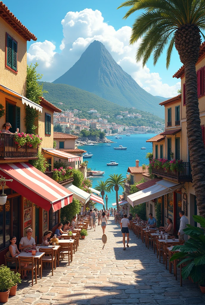 buildings downhill, fishermans around volcano island and a lot of cafe