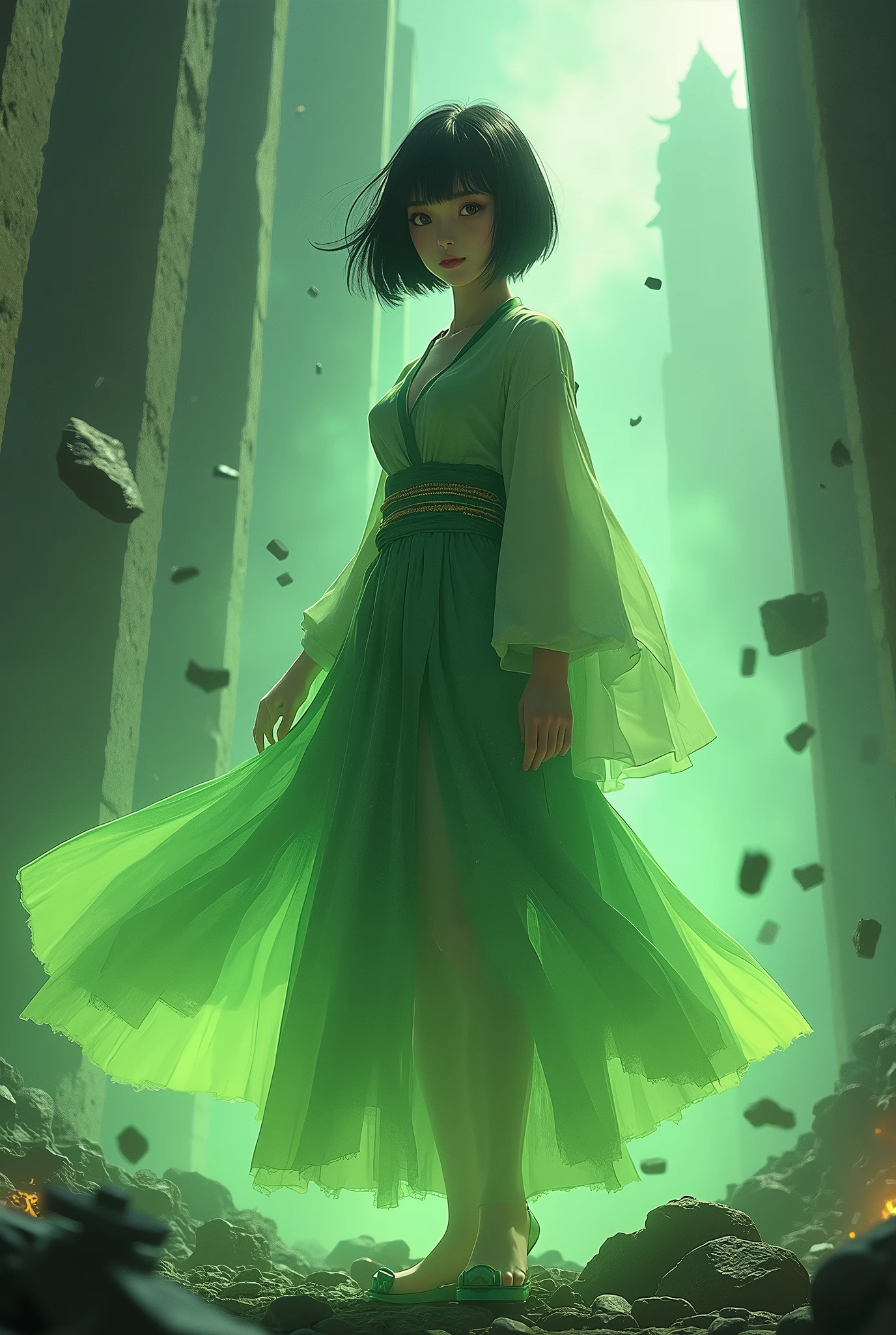 Beautiful girl、Japanese、Black Hair、Bobcut、A green aura overflows from the body.、Superpowers、ruins、The surrounding rubble floats in the air、