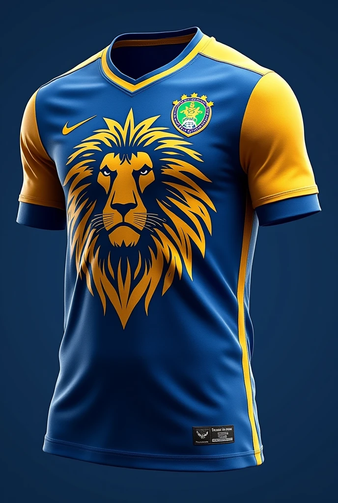 A blue and gold football uniform with the Nike logo and a lion covering the entire shirt, e a logo do Corinthians