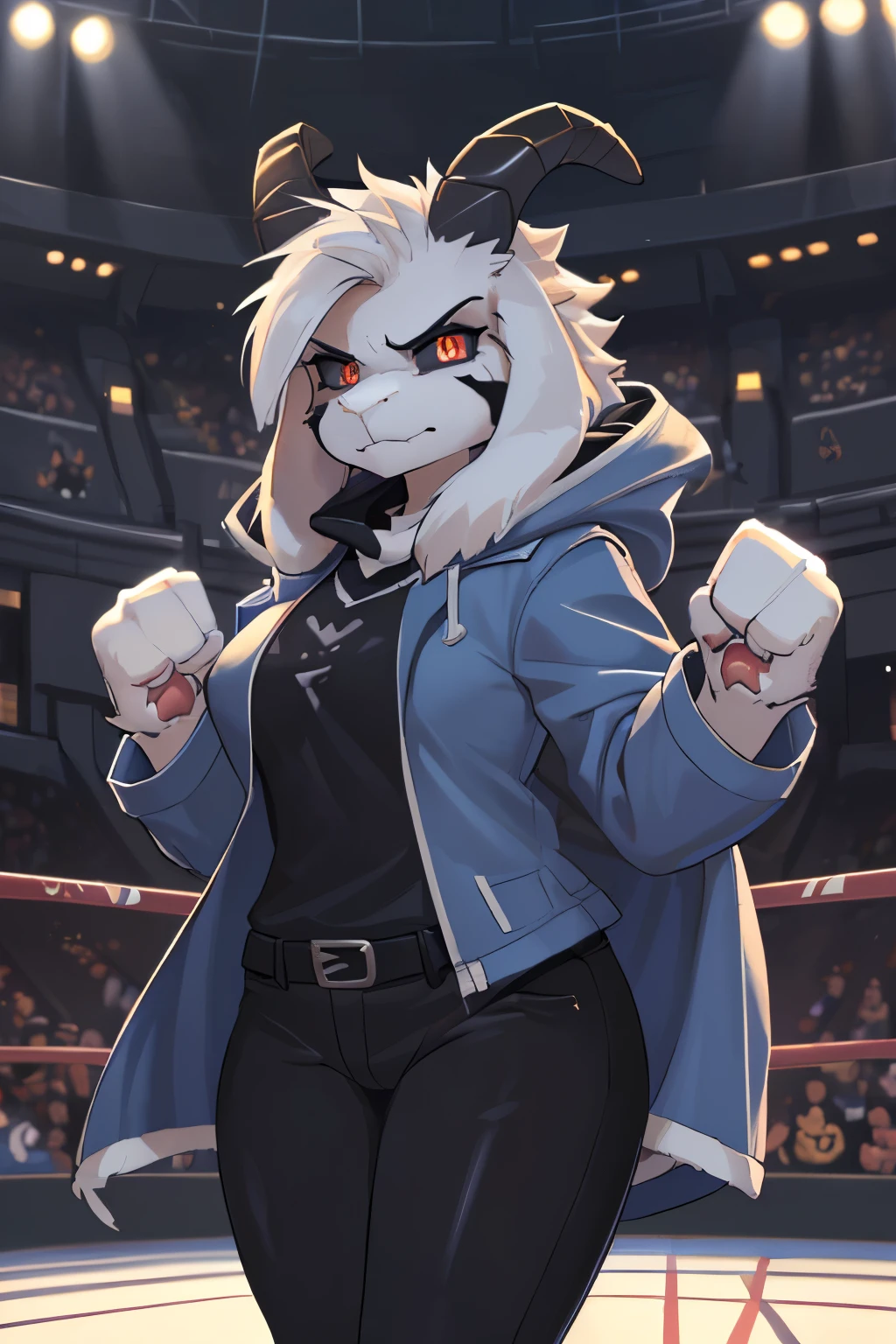 woman, adult, alone, in an arena, hairy, goat, anthropomorphic goat, Asriel, Undertale ((Asriel Dreemurr)), big breasts, big ass, medium hips, perfect body, tall, ((long hair, long white hair) , black eyes ((black sclerae), reddish pupils, ((slit-shaped pupils)), anthropomorphic face, cartoon, angry, Eskimo coat ((blue coat, no drawing, Eskimo coat)), metacarpal paw , black blouse ((black shirt, black pants)), goat tail, short horns, white horns ((drooping ears, big ears)), black marks on the body (God of Hyper death), looking at the spectator, paw of goat, anthropomorphic paw, battle stance, combat pose, closed fists, paw details, in detail, best quality, best detail, details and quality.