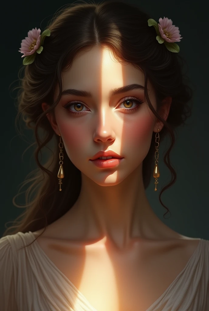 Persephone with her face divided between light and shadow smiling serenely 