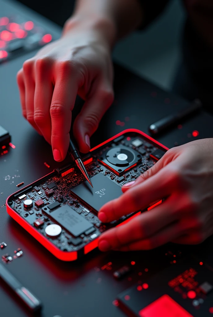 Create a red and black themed phone, with a cell phone technician man. Without showing face 