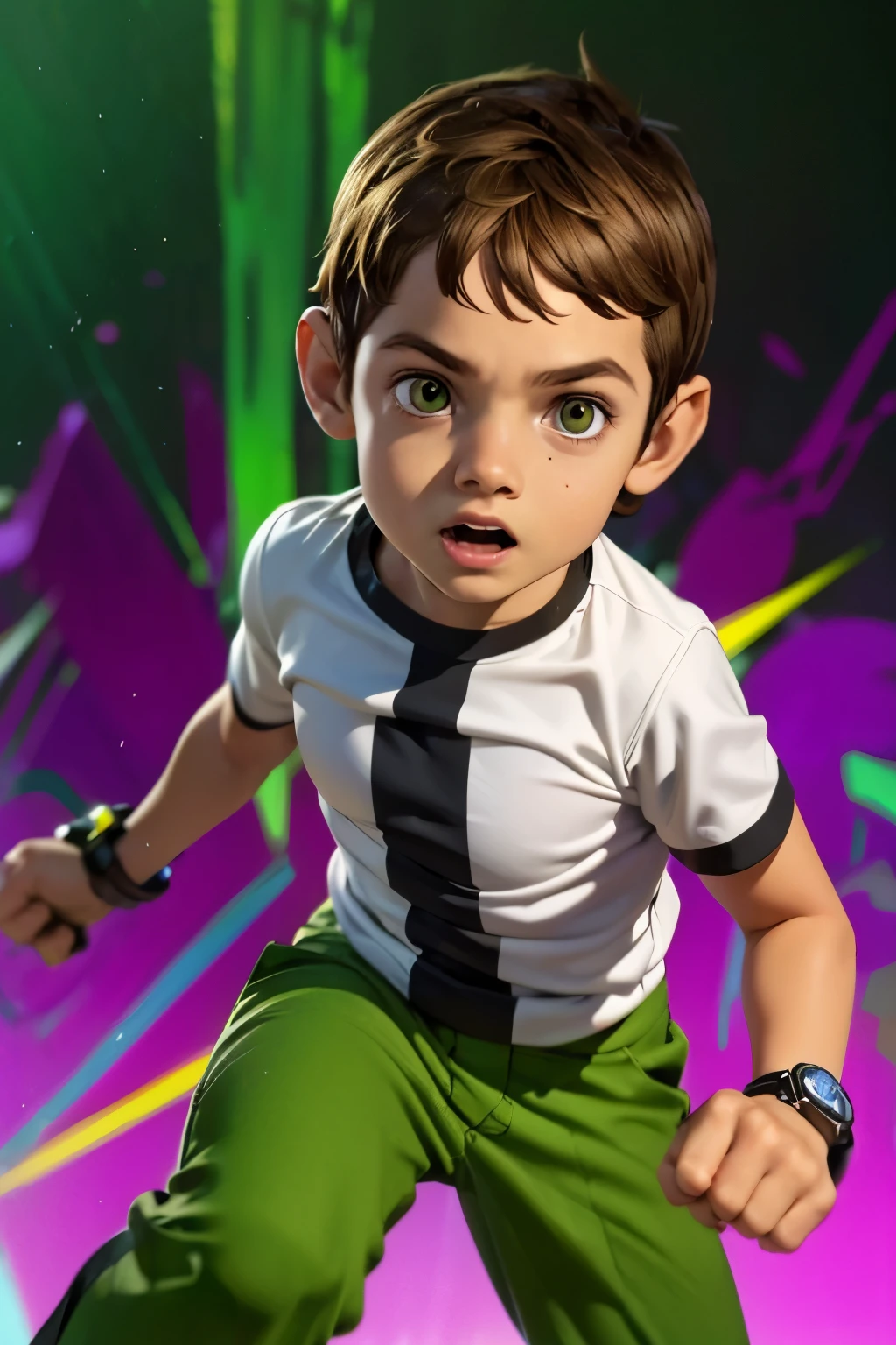 Movie poster, Ben 10 (((A child, 4yo ))), brown eyes, (((wearing a white outfit with black stripe in the center, green pants))) , showing fist. (Omnitrix on arm)) . (Action facial expression ) . highy detailed, face detailed, realisitic, cinematic lighting, studio quality, proffesional, face detailed, intrikate, bright coloured. ((abstract lighting background)).