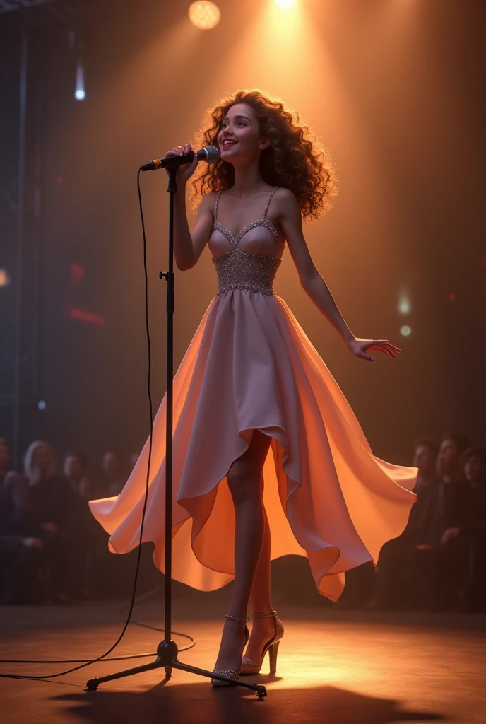 brunette age girl.60 height curly hair , singing in a realistic and modern elegant dress on a stage