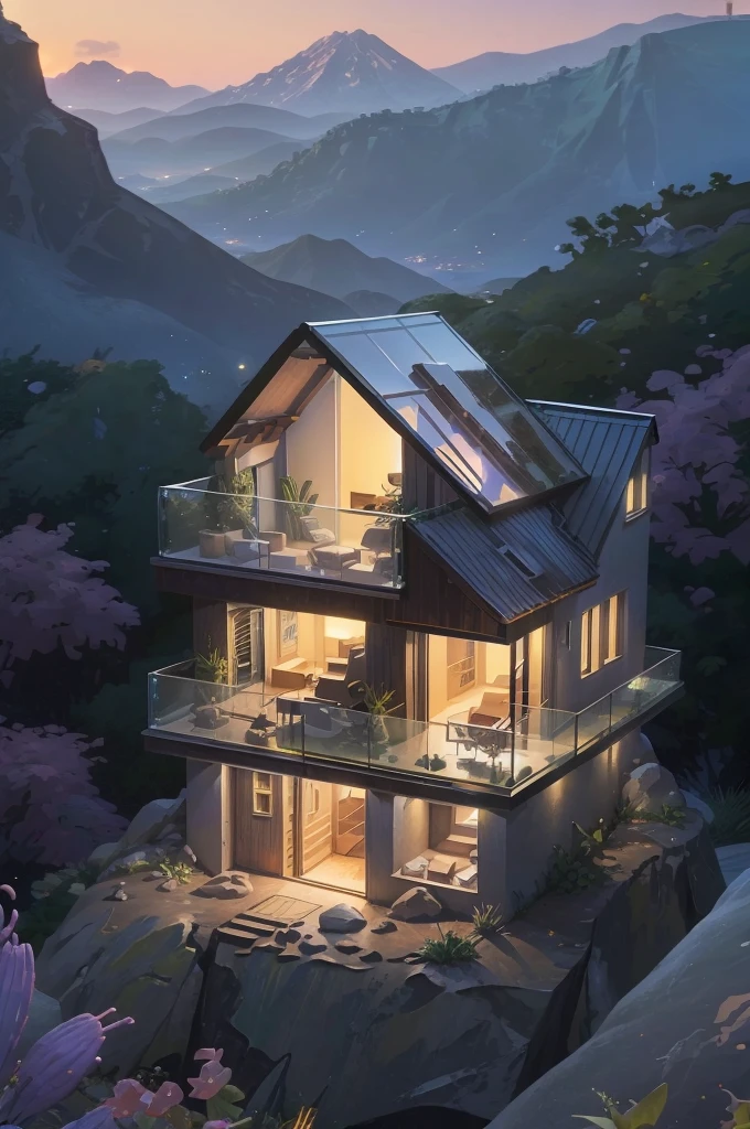 small and beautiful modern house in top of big boulders, terraces, pool, stairs, multiple cacti gardens, palms, trees, rocks, beautiful landscape design, mountains and volcano y background, amazing clouds, sun, moon, planets, milky way galaxy, concrete, wood, glass and steel materials, olive green, violet, orange and withe colors in facade