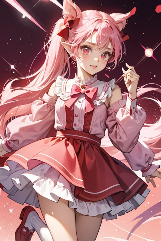 She has pointed ears, pink pigtailed hair, and red eyes.
She wears a red and pink dress with a pink bow on the front, a red devil tail with a pink bow on it, pink long sleeve socks, and red shoes. SPARKLE; GLITTER