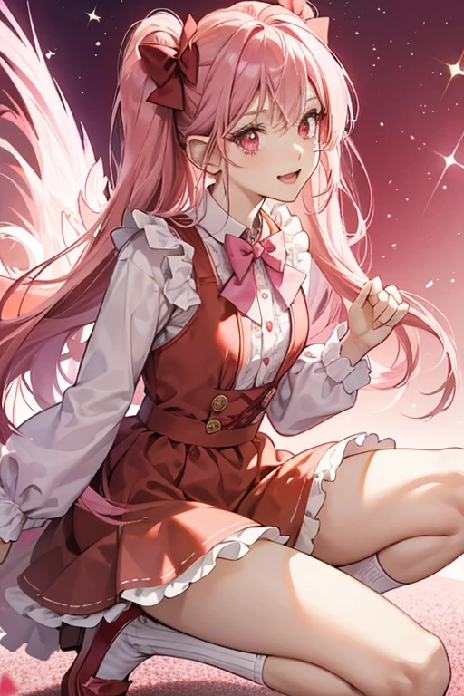 Cape is a brown skinned girl with soft pink cheeks and light pink hair. Her hair, which is covered by her red hood, is tied back into two small pigtails positioned by her cheeks. Her bangs sweep above her eyes and a little curl is on the left side.
She wears a sleeveless red and white checkered dress with two red pockets on the front of her midsection. Wrapped around her dress is a little red capelet with a red hood that goes over her head. Both the cape and dress have a white trim with a lace pattern. Her shoes are red high top sneakers with white soles, laces, and toes. SPARKLE; GLITTER;