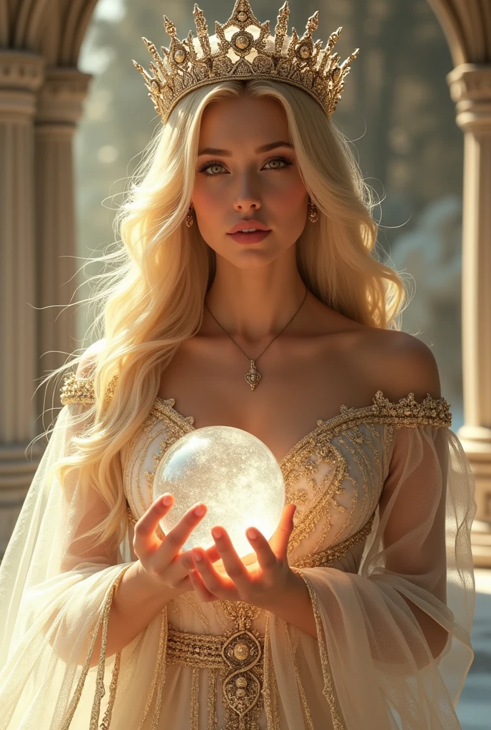 Full body photo of the Queen of Light, kingdom, sun, High resolution, detailed, Complex, Cinematic, amazing, dramatic, Fantasy, Magic, Mysterious, winter, frozen, Icicle, the snow&#39;s, Marbled, Crystal Clear, ultra detailed, Realistic, 8k, masterpiece, Concept Art, Portraiture, beautiful detailed eyes, beautiful detailed lips, extremely detailed face and features, Long eyelashes, Long flowing hair, Elegant Dresses, Holding a crystal ball in both hands, Smiling, Hall々A pose, (((Tabletop:1.4))), dramatic lighting, Shining Aura, Warm color palette, Gold and white tones, Sparkling ice crystals, Splendid architecture, Snow Scene