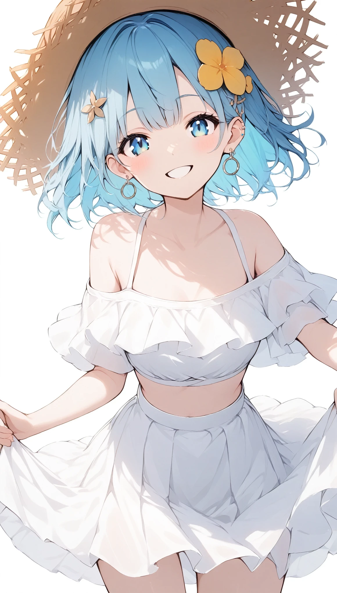 {{masterpiece}}, The best quality of life, 超High resolution, Attention to detail, high quality, High resolution, 最high quality, 4K, 8k,Attention to detail、BREAK、 Cyan hair、asymmetrical bangs、Soft waves、BREAK、One Woman、Small breasts,BREAK,Persian Blue Eyes,Perfect Eyes、smile, happy、BREAK,((White background))BREAK、White chiffon skirt、White off-shoulder-tops、cleavagte、straw hat、hair ornament、during、circle earrings、BREAK、smile、Cowboy Shot、Watching Me