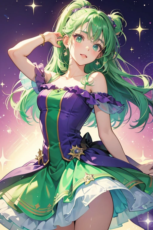 She has a purple dress and hair with green eyes and green shoes. SPARKLE; GLITTER