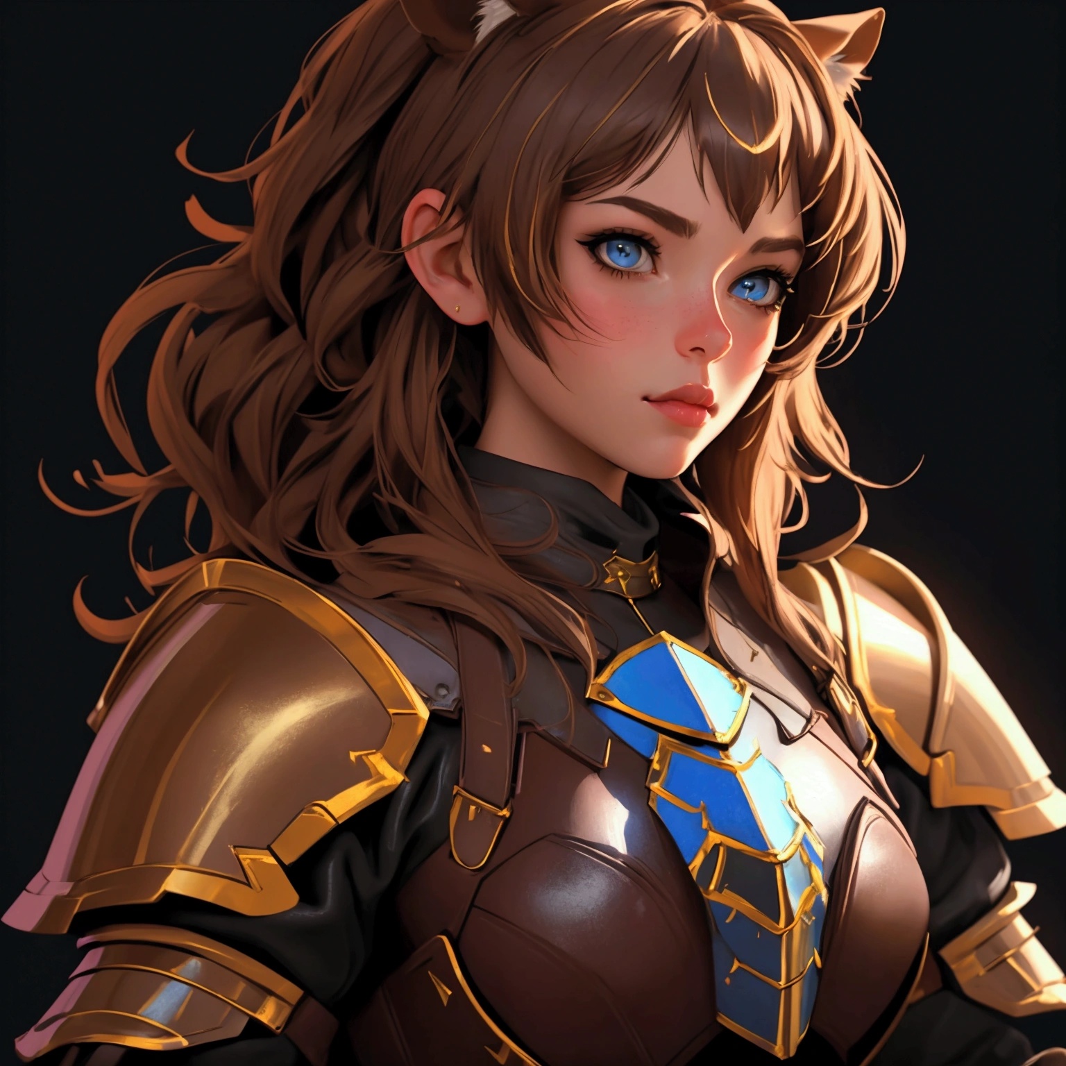 envision a 8k, highres, cinematic, beautiful close up portrait of a girl with pretty mature features with brown hair, animal ears, leather armor, fantasy armor, jrpg inspired armor, tail, in dark lighting, against a dark gray background