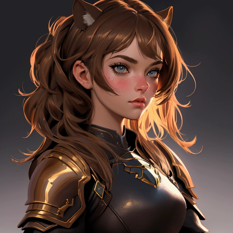 envision a 8k, highres, cinematic, beautiful close up portrait of a girl with pretty mature features with brown hair, animal ears, leather armor, fantasy armor, jrpg inspired armor, tail, in dark lighting, against a dark gray background