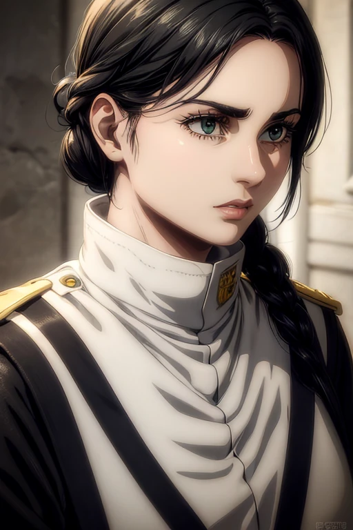 1 woman aged 35, long black hair, greeneyes, neutral expression, necklace on the neck, White military uniform, marley, liberia, Masterpiece artwork, best qualityer, retina, super detaill,