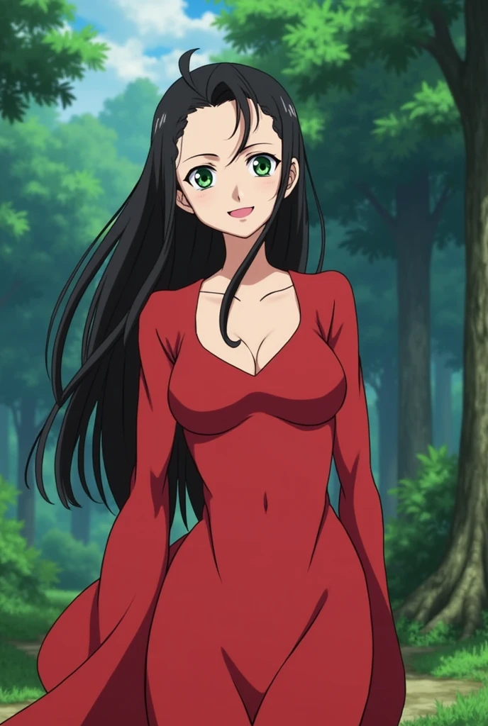 one piece screenshot, 1 woman, green and slanted eyes, with long eyelashes, thin face and white skin, pink lips, by the wide, straight red, with a good body, In the background is a forest, with a smile, One piece drawing style