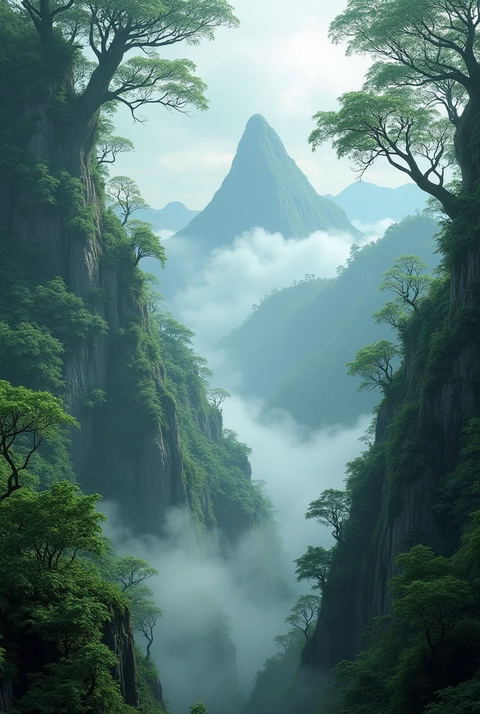 Explore the breathtaking landscapes of misty mountain jungles., Lush vegetation and misty vines rendered in stunning UHD quality.