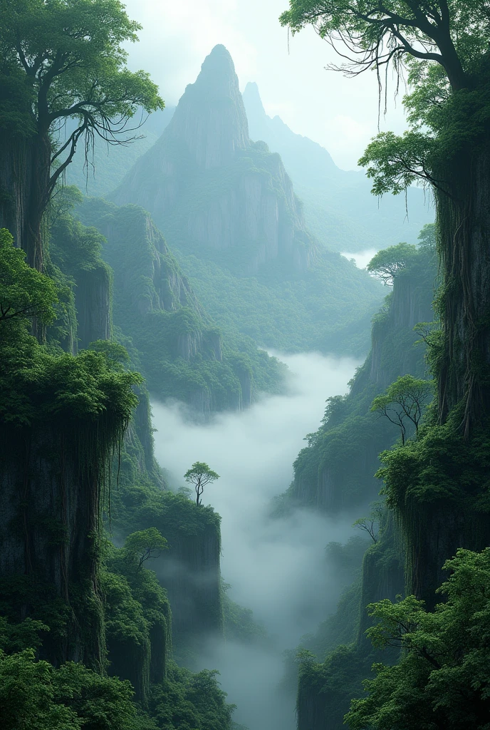 Explore the breathtaking landscapes of misty mountain jungles., Lush vegetation and misty vines rendered in stunning UHD quality.