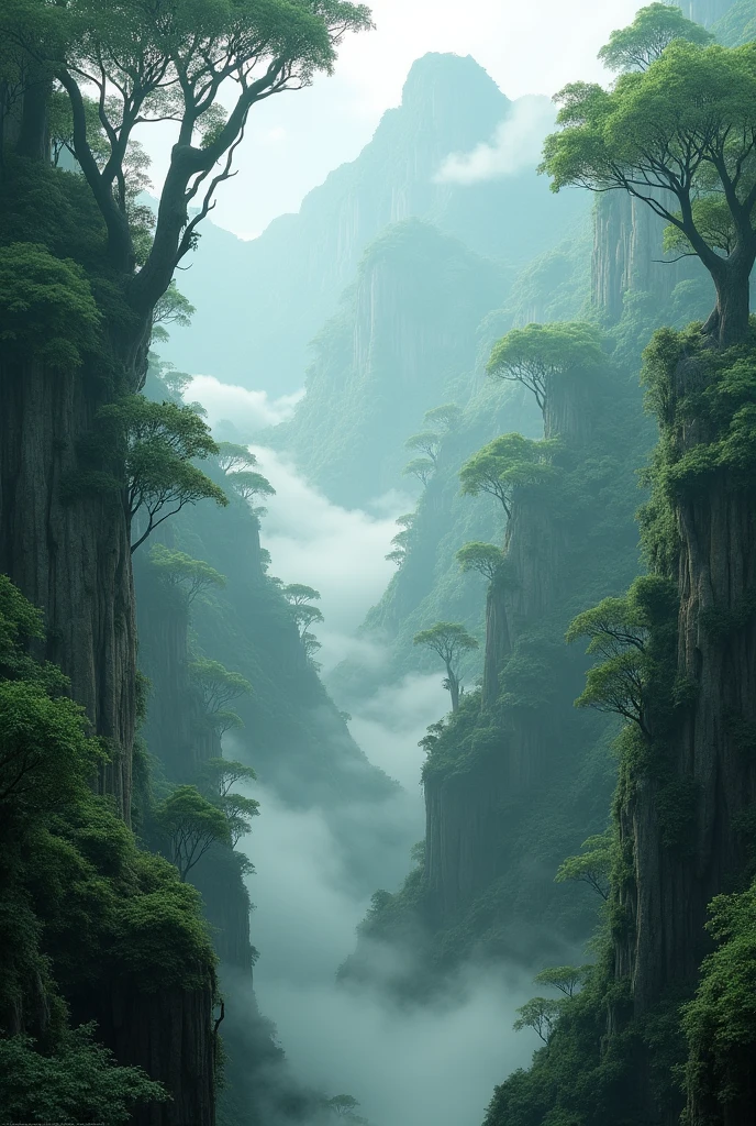 Explore the breathtaking landscapes of misty mountain jungles., Lush vegetation and misty vines rendered in stunning UHD quality.