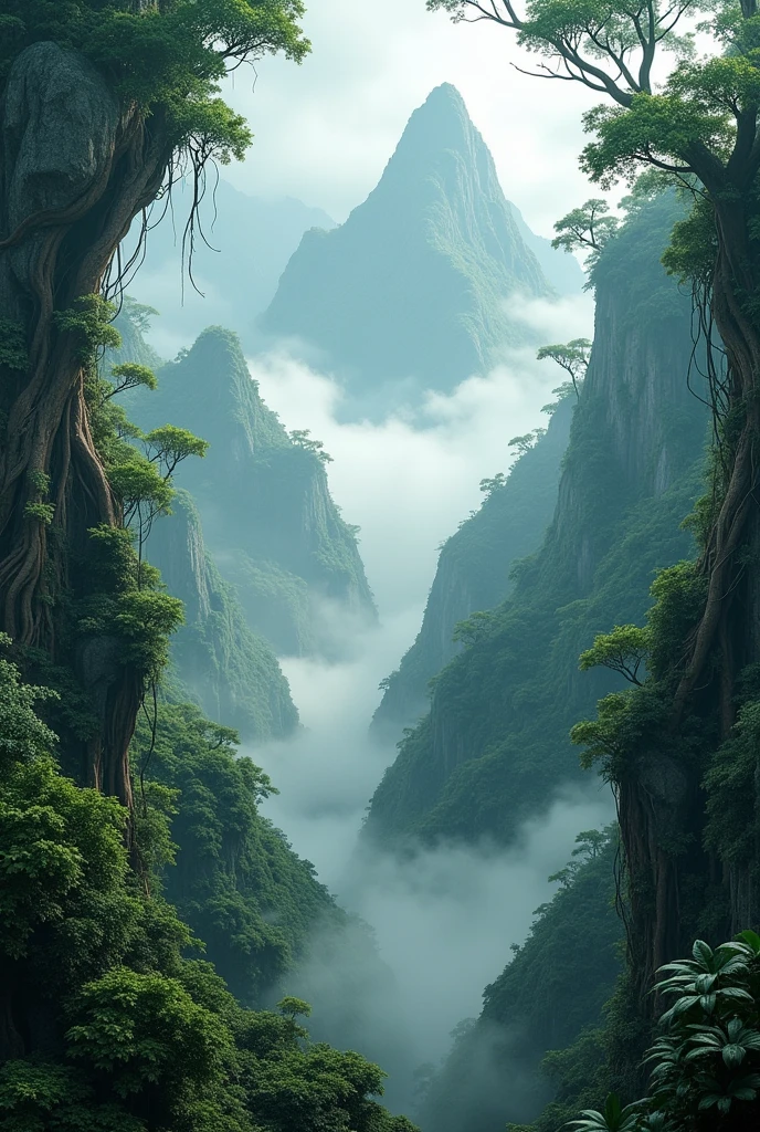 Explore the breathtaking landscapes of misty mountain jungles., Lush vegetation and misty vines rendered in stunning UHD quality.