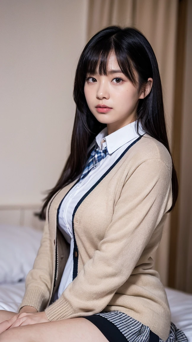 (((8k、High resolution、Highest quality、High resolution)))alone、Natural body shape、White skin、Natural Makeup、Black Hair、bangs、Straight Long Hair、、((High School Uniform)) 、((Beige cardigan、white collared long sleeve blouse))、((Red checkered pleated skirt))、(red school ribbon)、、(Big Breasts:1.3)、((The upper body is wearing a uniform))、(Looking at the camera)、(((Head to shin portrait)))、(((Exposing your thighs)))、Bedroom、On the bed、Sit with your legs apart、((Focus on the crotch))、White socks