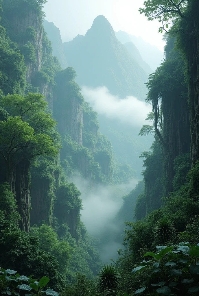 Explore the breathtaking landscapes of misty mountain jungles., Lush vegetation and misty vines rendered in stunning UHD quality.