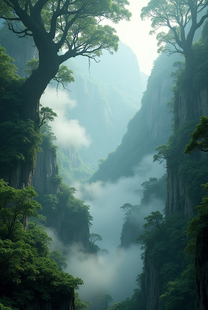 Explore the breathtaking landscapes of misty mountain jungles., Lush vegetation and misty vines rendered in stunning UHD quality.
