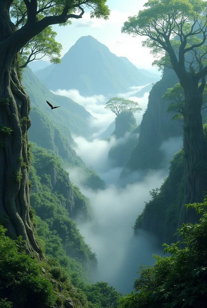 Explore the breathtaking landscapes of misty mountain jungles., Lush vegetation and misty vines rendered in stunning UHD quality.