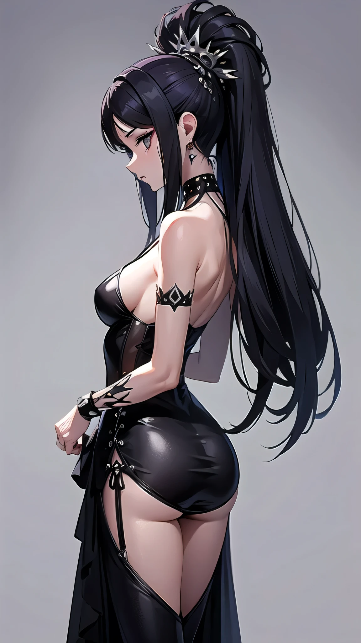 All intrincate details: "A side view illustration of Csilla, A 1 with a body identical to Priscilla Ricart with a distinctive combination of punk and gothic style. In this view, Csilla's long wavy blue hair can be seen falling to one side, showing her two braids adorned with large bows and silver flower-shaped brooches. His deep blue eyes are visible from the side, keeping a serene and melancholic look. She is wearing a white blouse with lace and sheer details., with a wide V-neckline adorned with a black cross. Her black miniskirt with a decorative belt, which includes pendants such as a crescent moon shaped amulet, It is also visible from the side. Csilla's legs show a black fishnet stocking on one leg and a white bandage with a black cross on the other.. She is wearing black fingerless gloves, with one of them featuring a mesh design, and black shoes with buckles, combined with white socks with ruffles. The background is a futuristic cityscape, but the focus is on Csilla's side profile, capturing its unique and detailed appearance"