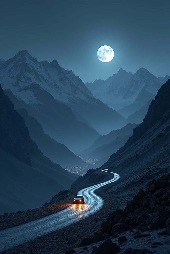 A deserted, mountainous night and a car , a distant city