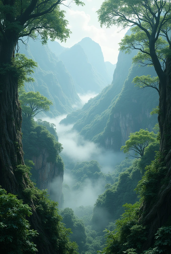 Explore the breathtaking landscapes of misty mountain jungles., Lush vegetation and misty vines rendered in stunning UHD quality.